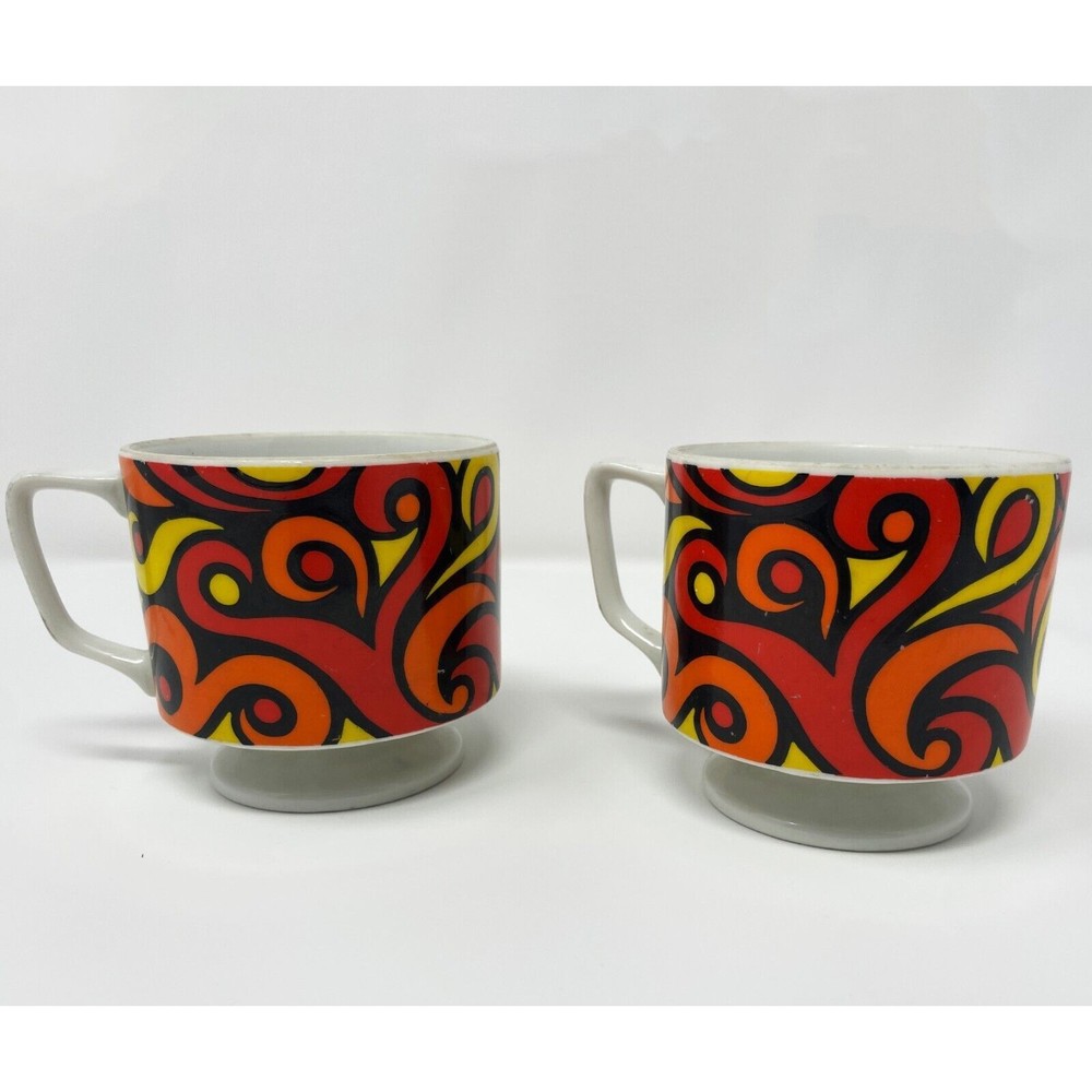 Vtg Mug Set Mod Swirl Design Coffee Cups Japan 1960s 70s Psychedelic